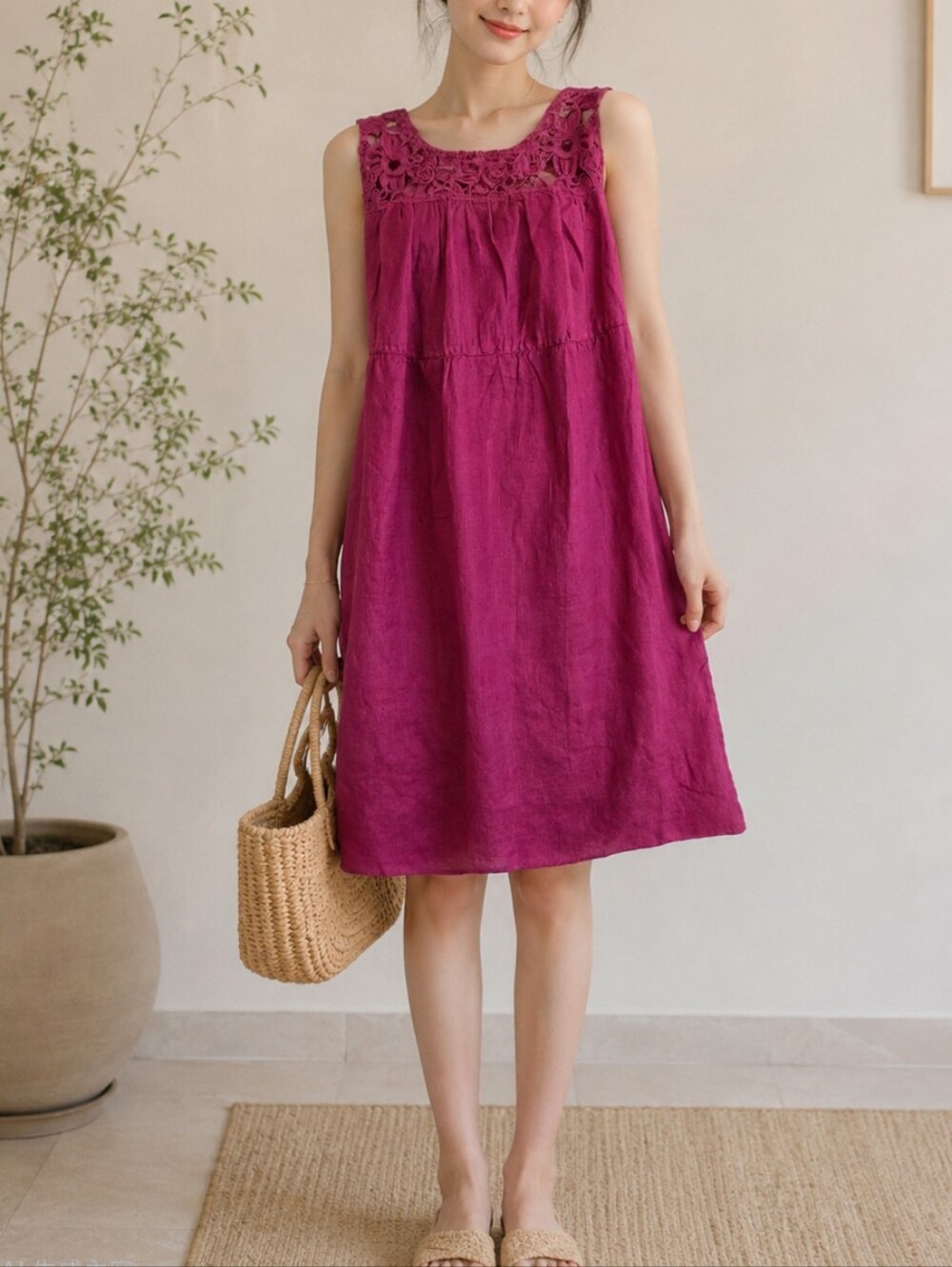 Max Studio Magenta Crochet Yoke Midi Dress Sz S